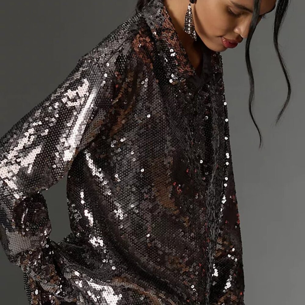 Anthropologie SEQUIN Good American Button-down Shirt XL dark romance NWT shine